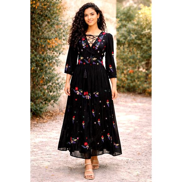 Raga Sarita Embroidered 3/4 Sleeve Side Zipper Midi Dress Black S